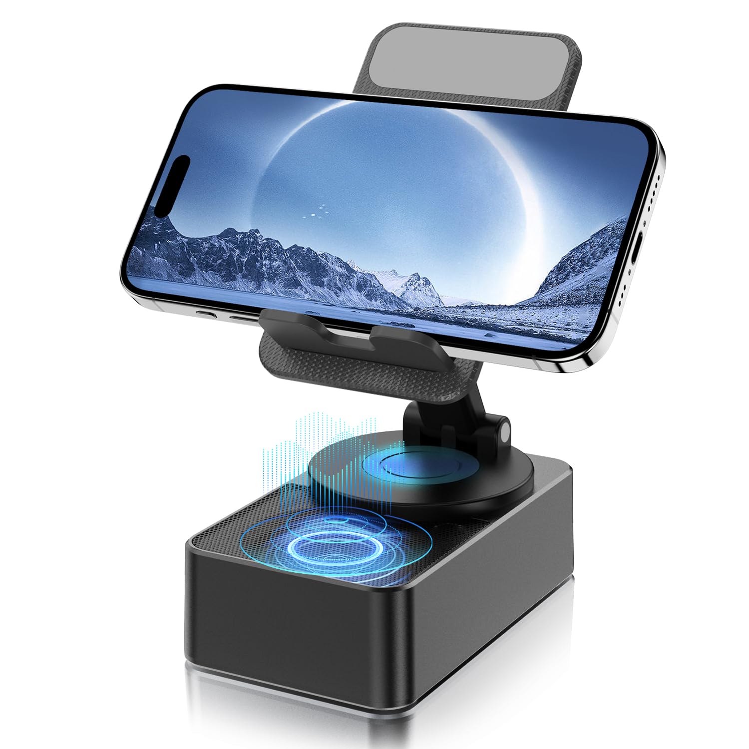 HCRTGAY Induction Speaker, Cell Phone Stand with Wireless Bluetooth Speaker, HD Surround Sound & Led Color Changing Light, Gifts for Men, Compatible with iPhone/Android (Black-23)