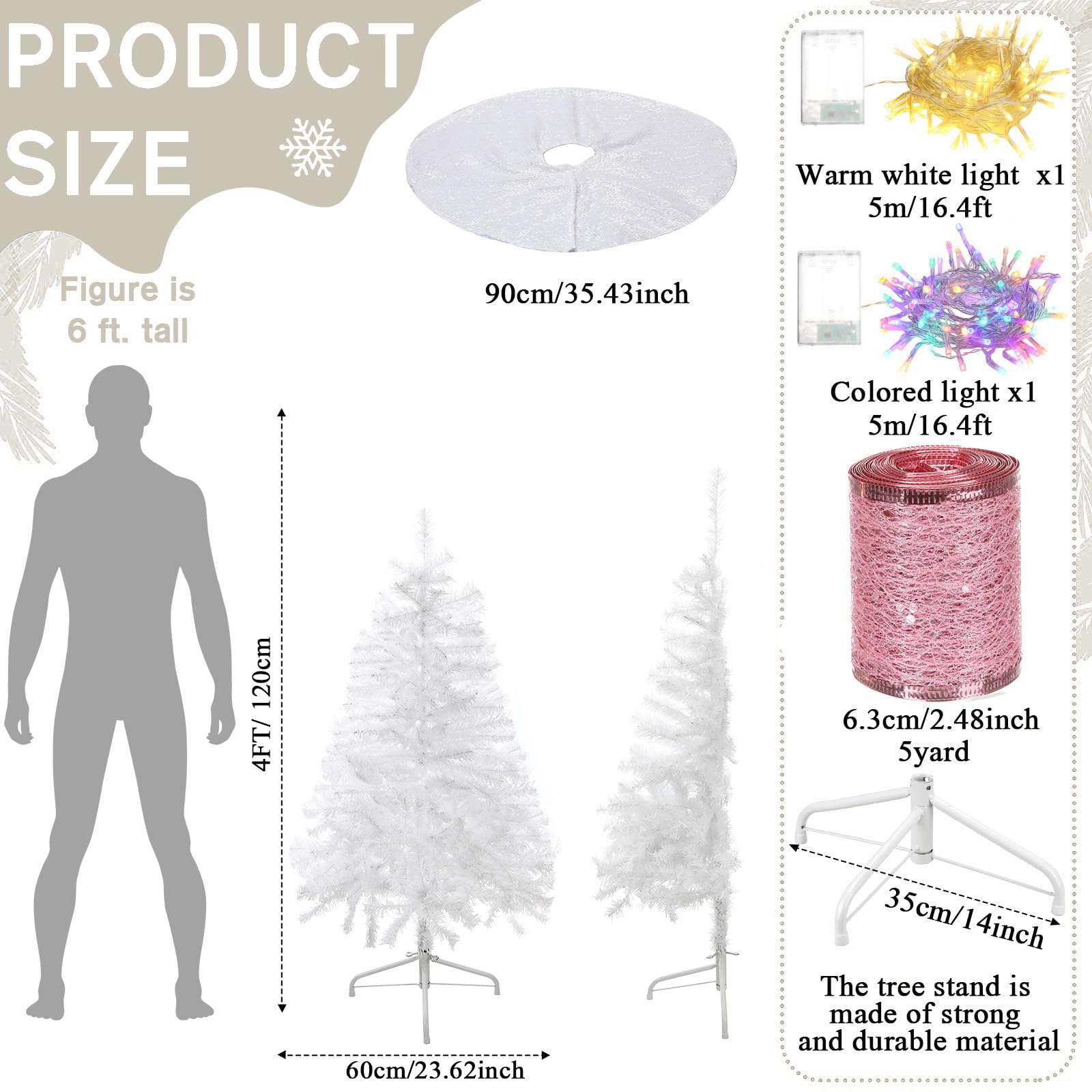 Lunmon Lot de 44 demi-sapins de Noël de 1,2 m pour mur d'angle avec boule lumineuse de Noël, guirlande lumineuse en forme de stalactites, fleurs, flocon de neige, ruban sur le dessus pour les vacances