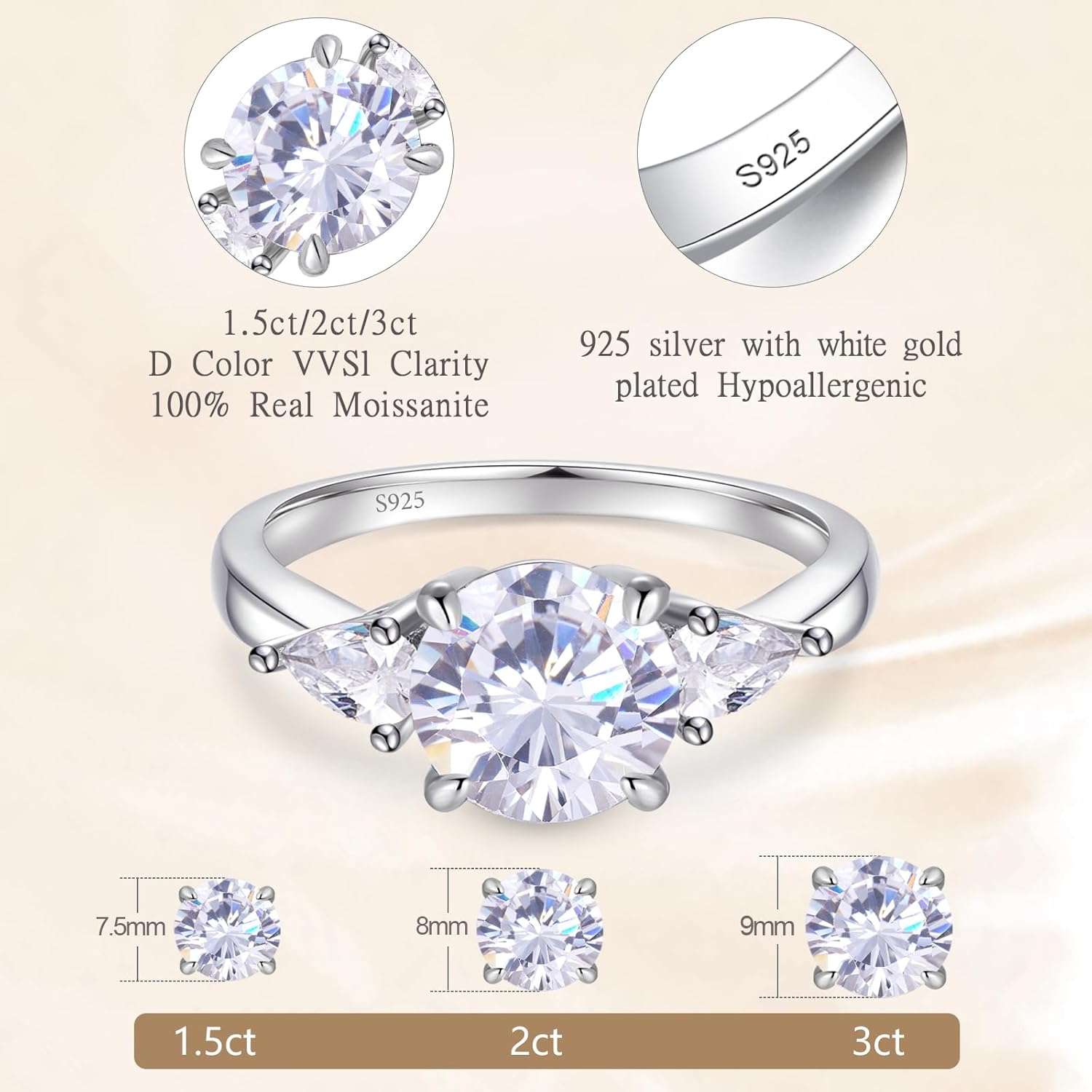 0.5/1/1.5/2/3CT Round/Flower/Round & marquise Cut Moissanite Engagement Rings for Women, D Color VVS1 Moissanite Promise Ring 18K Yellow/White Gold Plated S925 Sterling Silver - Image 2