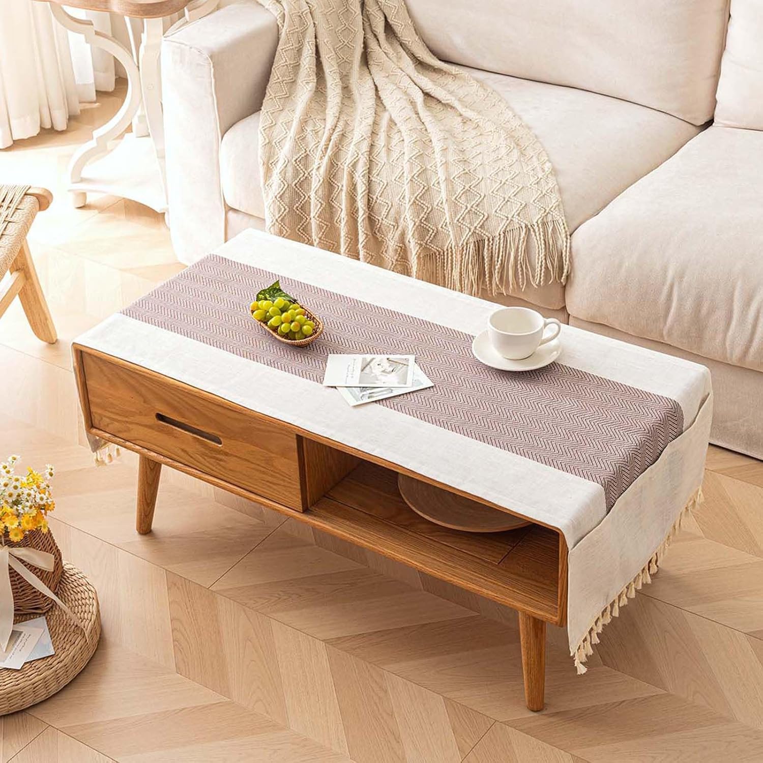 Waterproof Coffee Table Cover, Rectangle Cotton Linen Coffee Table Cloth With Pockets And Tassel For Living Room Tea Table Fridge Washer Dryer Top Dust Cover-Beige and Coffee With Pocket- 20" x 60"