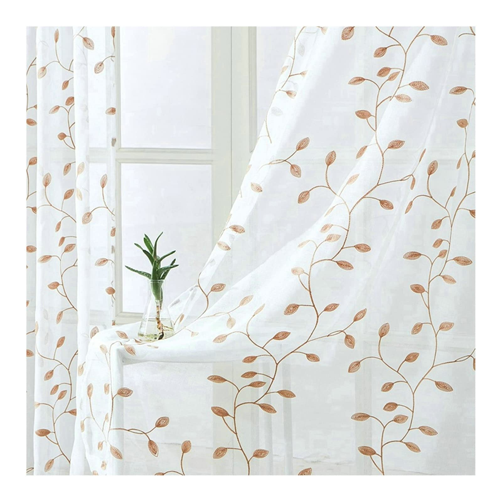 KnBoB Bedroom Curtains for Women, Polyester Leaves Embroidered Beige Curtains 84 Inches Long 2 Panels Set Rod Pocket Curtains for Bedroom Sheer 38x84 Inch