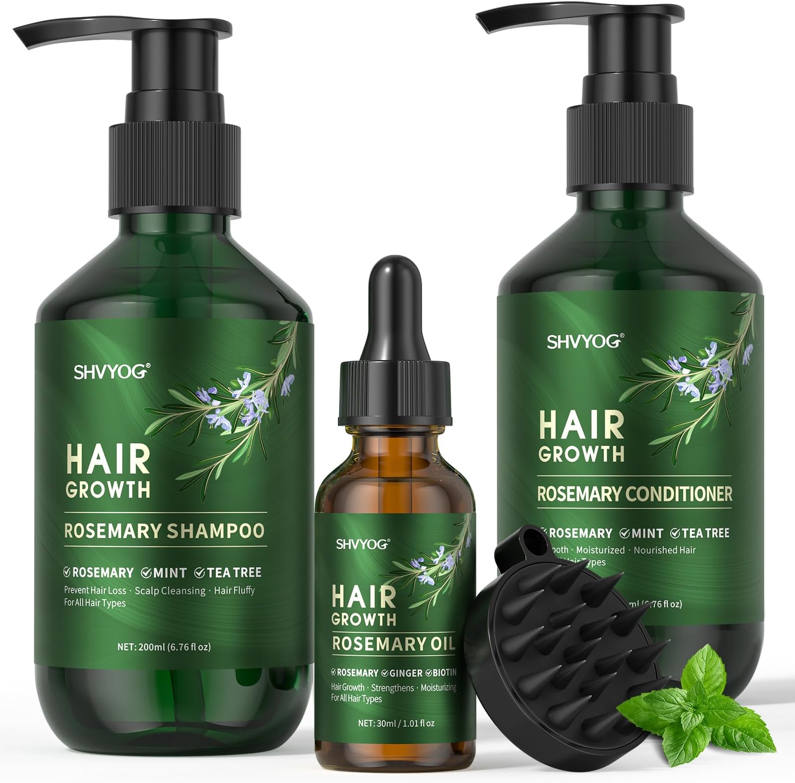 Rosemary Shampoo Conditioner Set, Rosemary Hair Growth Oil with Mint Biotin, Organic Anti Hair Loss Shampoo, Cleanse Moisturize Hair and Keep Scalp Health, 3Pcs Set Gifts for Men Women, 200ml*2+30ml