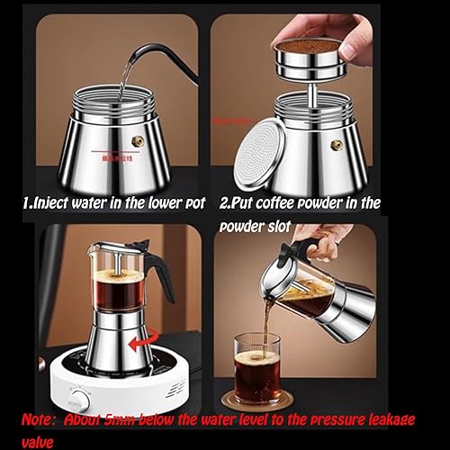 Miniatura 8 de Cafetera de café expreso, cafetera portátil de vidrio para moka de acero inoxidable, cafetera italiana clásica para el hogar y el café (10.8 fl oz)