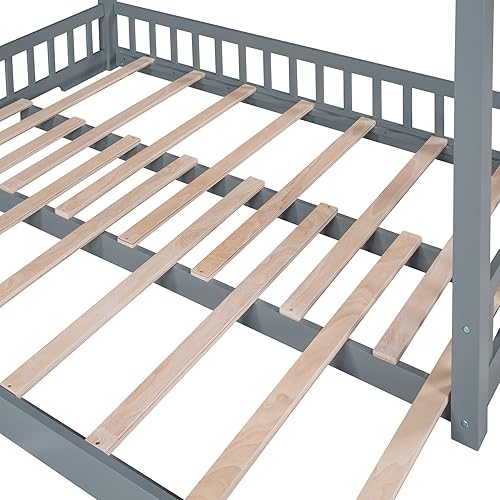 Miniatura 14 de Marco de cama de madera de tamaño individual con cama extragrande extensible, plataforma de suelo con techo y barandilla en forma de valla, no