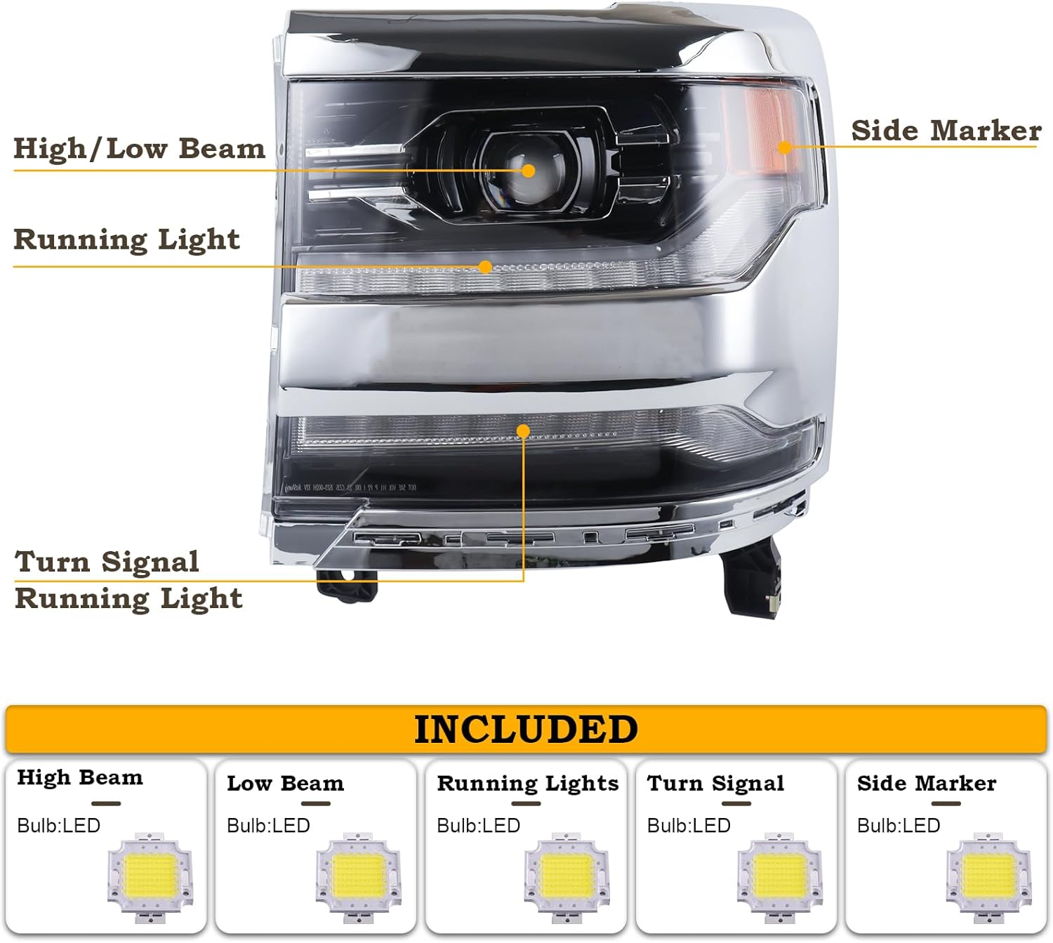 Left Driver Side Full LED DRL Projector Headlight Fit for 2016 2017 2018 Chevy Silverado 1500 2019 Silverado 1500 LD Chrome Headlamp Assembly GM2502452 84292720 LH