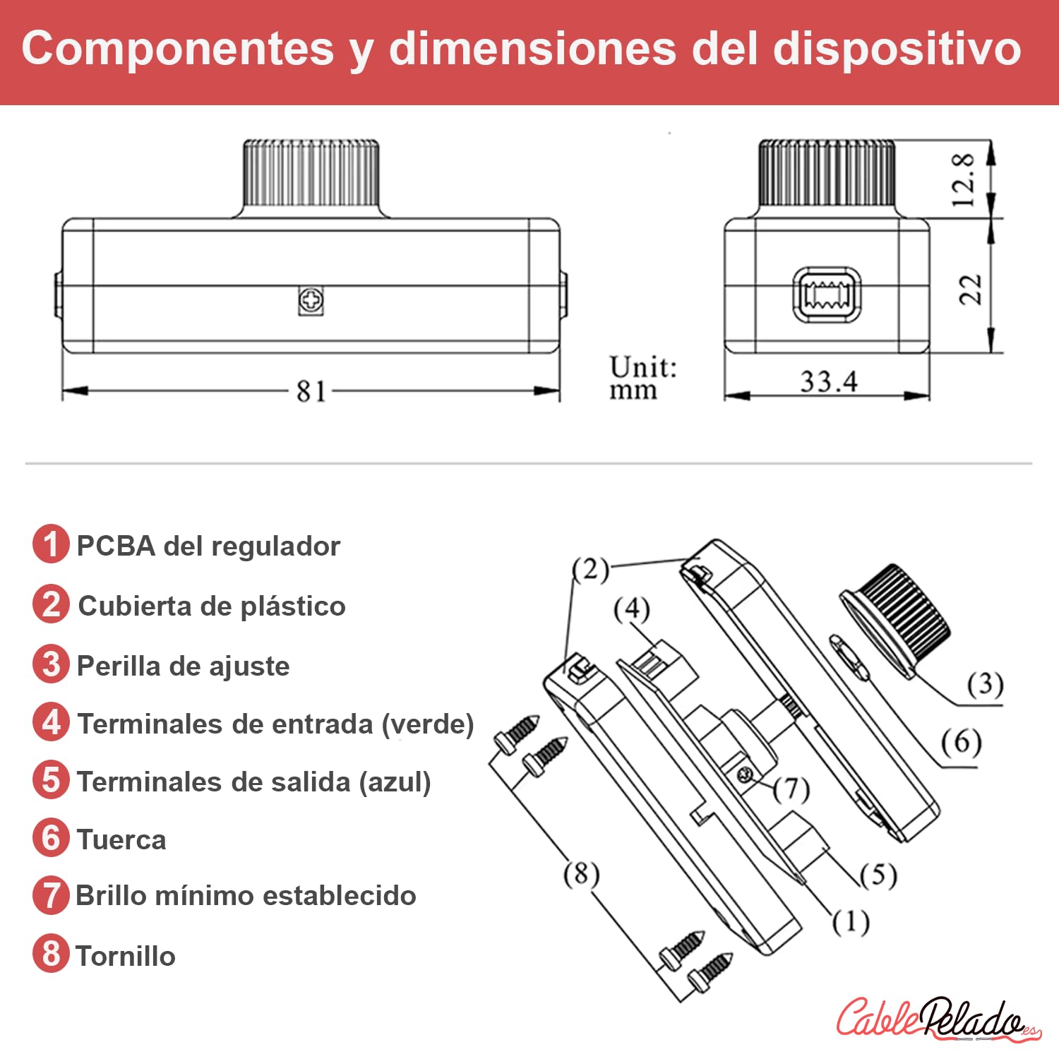 CABLEPELADO Potenciómetro Regulador de Luz con Interruptor – Dimmer LED, Control de Intensidad 12V-24V DC, Atenuador para Tiras LED, Potencia 8A 196W Máx, Conexión por Tornillo