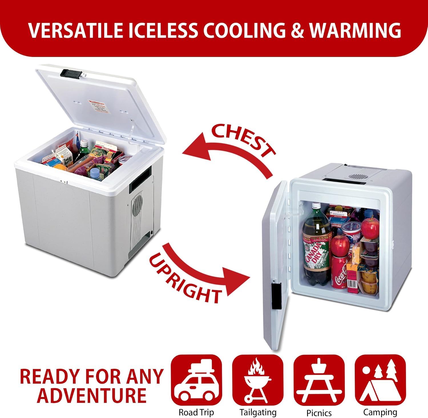 Koolatron cooler shown in both chest and upright configurations