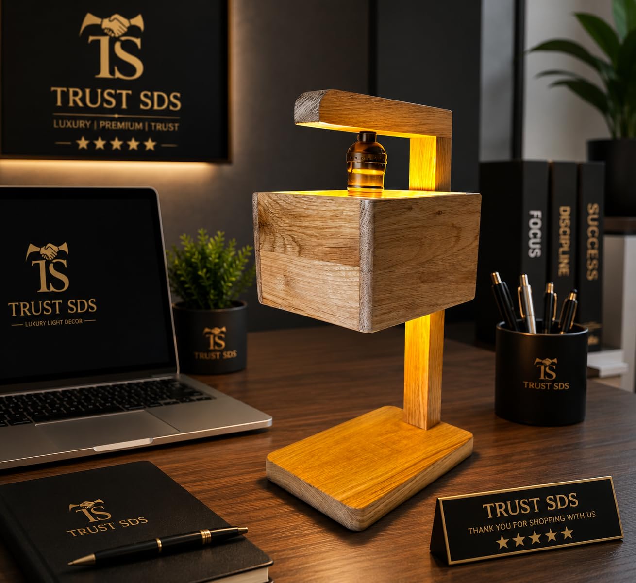 Trust SDS Wooden Desk Lamp with Warm Ambient Glow | Rustic Oak Finish, Bedside or Office Use, Vintage Bulb Holder, Solid Wood Base, Warm Ambient Light-image-5