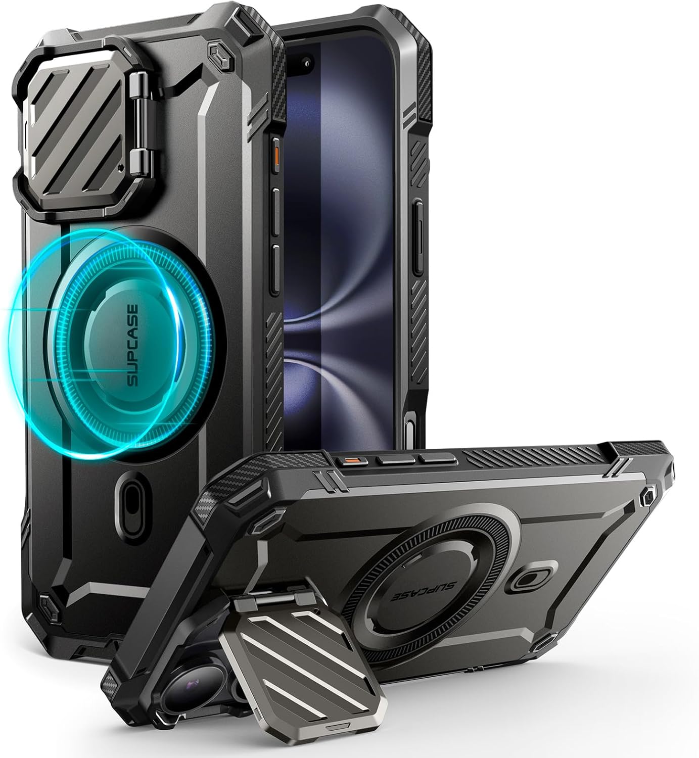 SUPCASE for iPhone 16 Case 6.1 2024 with Camera Cover Stand UBMag XT, [Compatible with MagSafe] [Built-in Kickstand] [Military-Grade Protection] Heavy Duty Rugged Magnetic Phone Case, Black