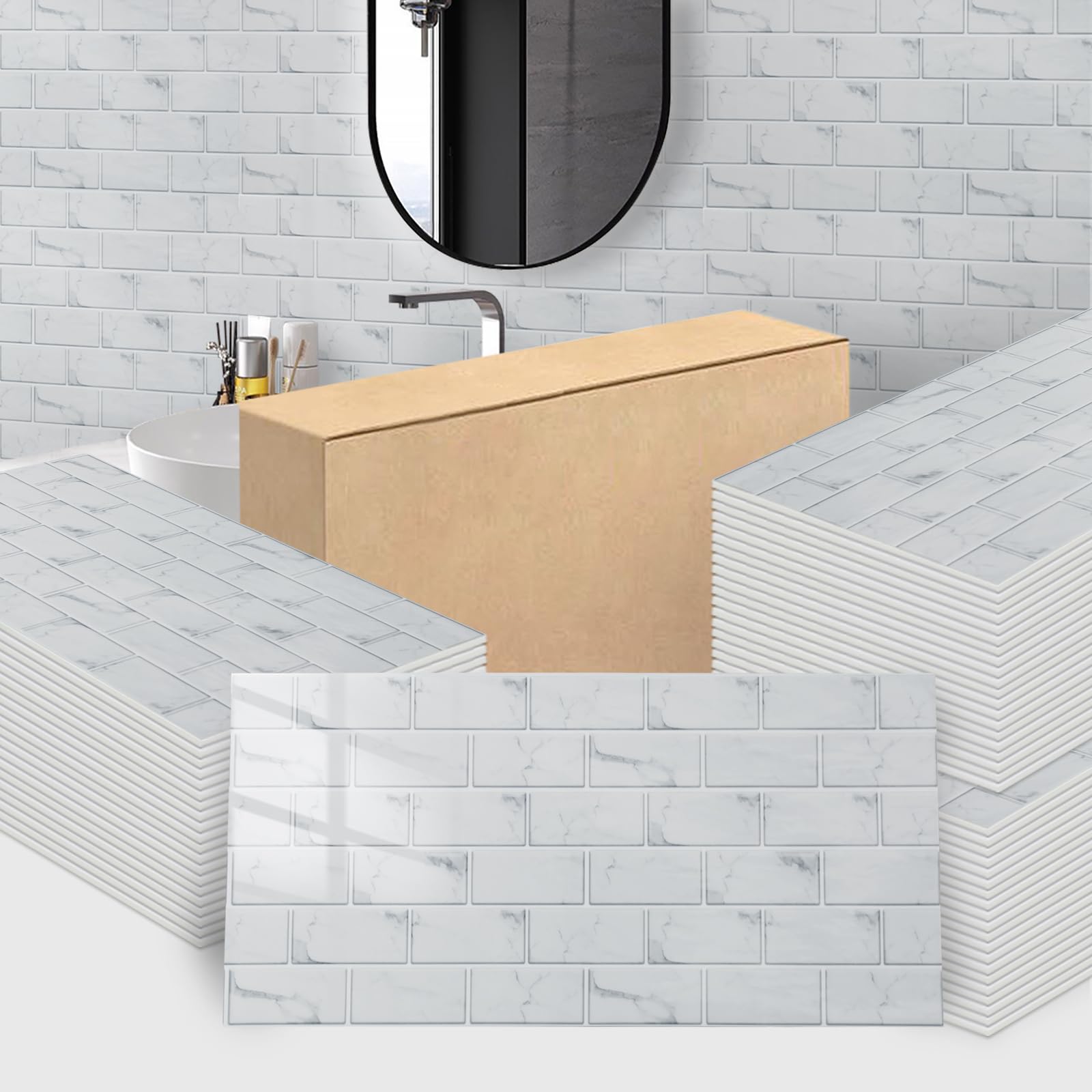 Trafagala 30Pcs Brick White Marble Tiles 60x30cm Thicken Self Adhesive Wall Tiles Waterproof Peel and Stick on Vinyl Tiles Stickers for Living Room Bedroom Bathroom Kitchen Splashback Panel Covering