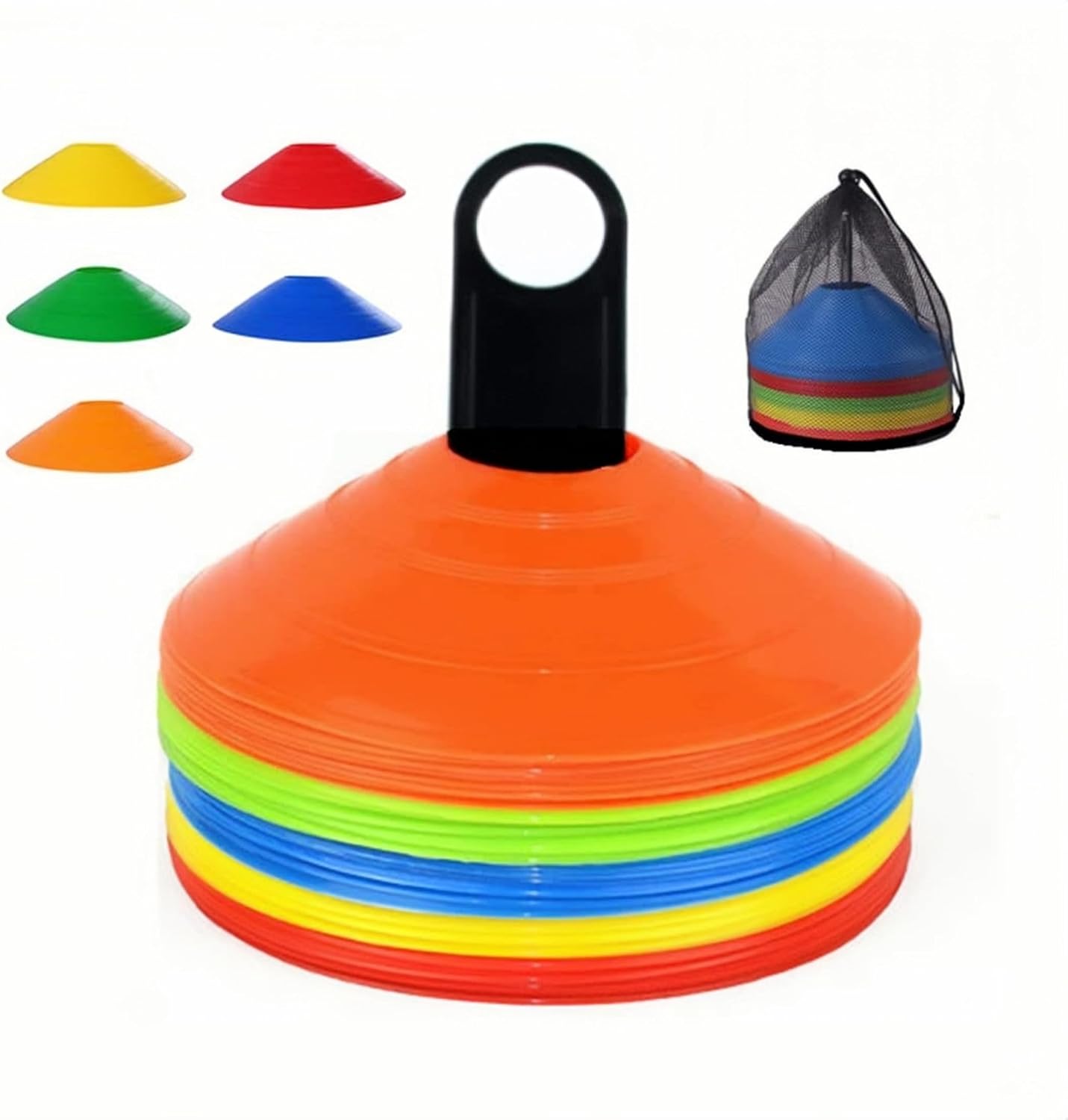 ANRANK 50 Pcs Disc Cones, Agility Soccer Cones with Carry Bag and Holder, Soccer Cones for Sports Training, Football, Soccer, Basketball, Coaching, Practice Equipment, 5 Color