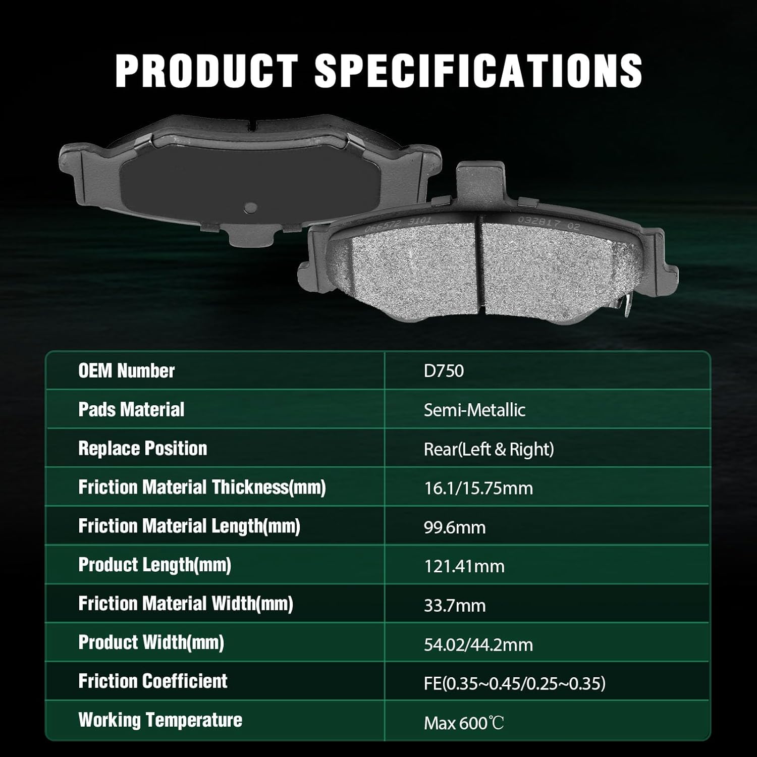 AUTOMUTO 4PCS Rear Semi-Metallic Disc Brake Pads Set D750 For Chevrolet Camaro 1998-2002,For Pontiac Firebird 1998-2002