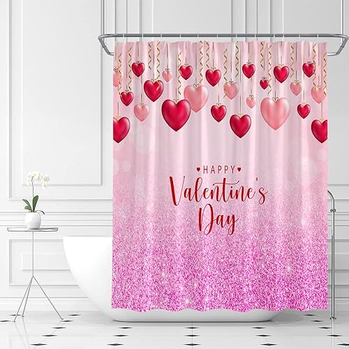 Miniatura 2 de AMFD Cortina de ducha para el día de San Valentín romántica decoración en forma de corazón rojo y rosa juego de cortinas para bañera y baño incluye