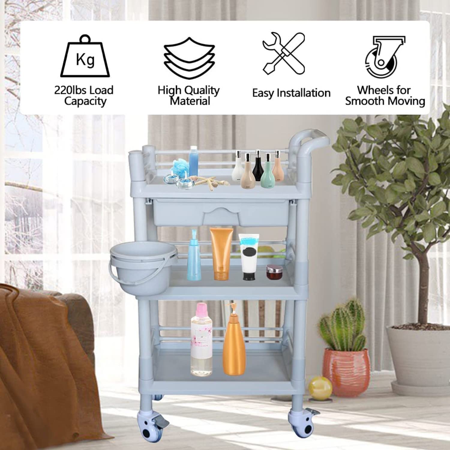 Carro rodante del SPA del salón de Belleza del Estante de 3 Niveles, | Soporte de estación de almacenamiento móvil que sirve con cajón for herramientas de peinado