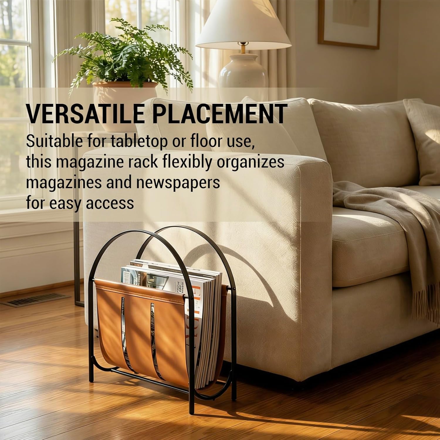 MyGift Black Metal and Caramel Brown Leatherette Magazine Rack – Tabletop or Floor Standing Sling Basket for Magazines, Newspapers, and Books