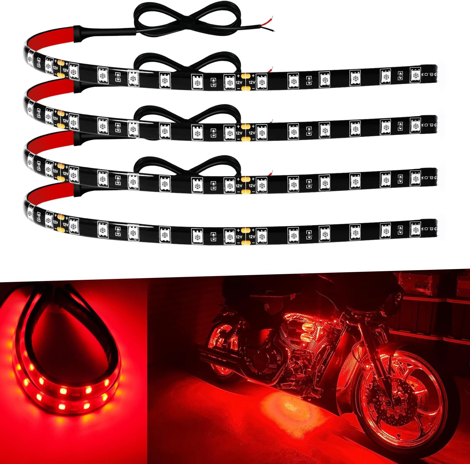 12V Led Light Strip 12" Connectable Red LEDs Strip Lights for Cars Motorcycle Golf Cart Boat Marine Waterproof Car Led Strip, 4Pack