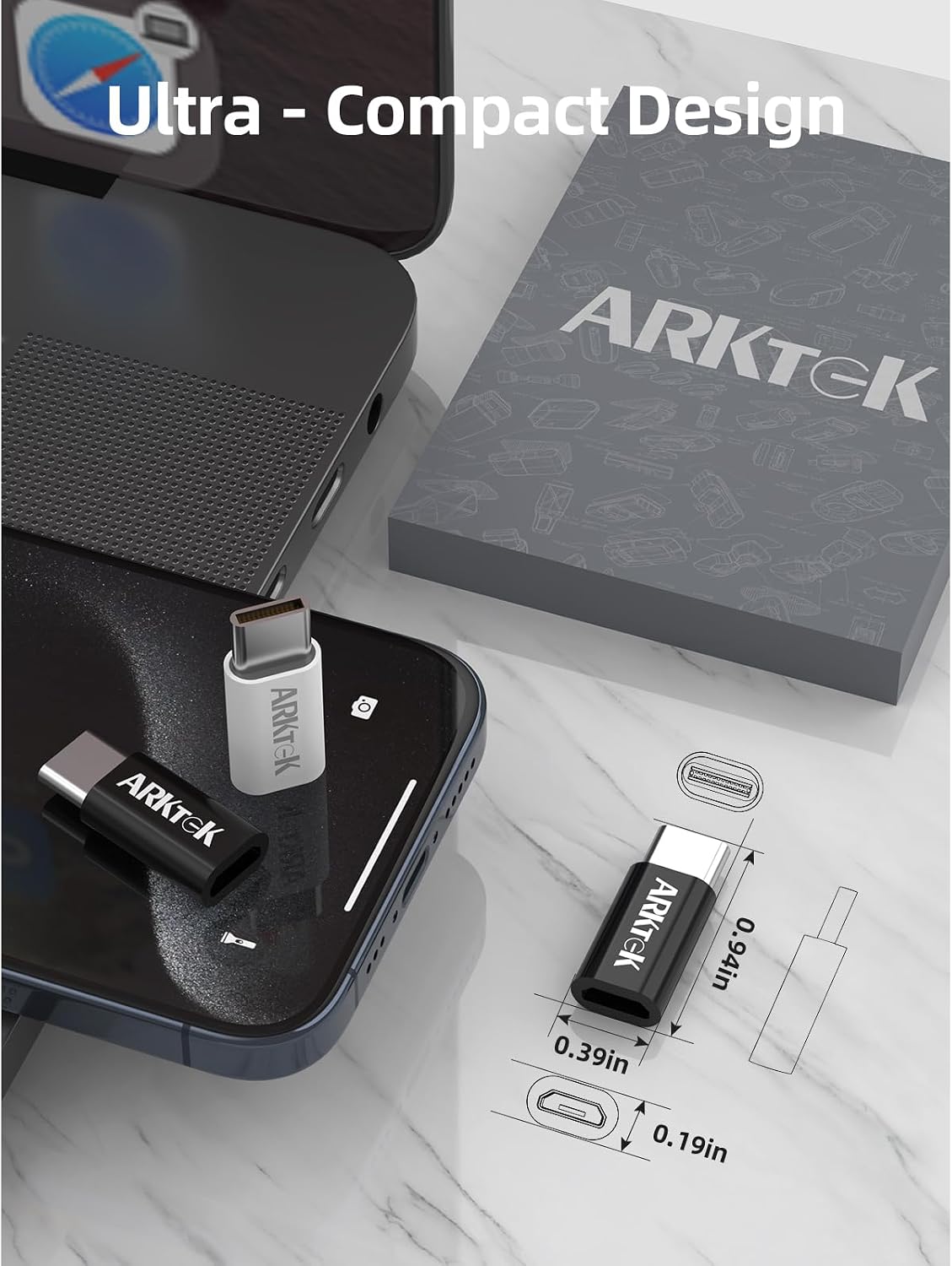 ARKTEK 4 Pack USB-C Male Micro USB Female Adapter Type C Adapter Fast Data Transfer & Charging Universal Compatible for iPhone 16/15 Pro/Plus for AirPods 4 Galaxy S25/Note 20 Pixel 9 (Black/White)