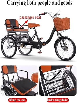 20 Inch Folding Tricycle, Elderly Folding Tricycle, Comfort Seat 3 Wheel Bicycle with Shopping Basket, Travel Tricycle, Double Chain/Damping