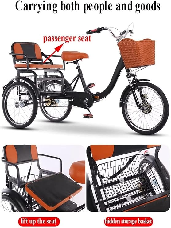 20 Inch Folding Tricycle, Elderly Folding Tricycle, Comfort Seat 3 Wheel Bicycle with Shopping Basket, Travel Tricycle, Double Chain/Damping