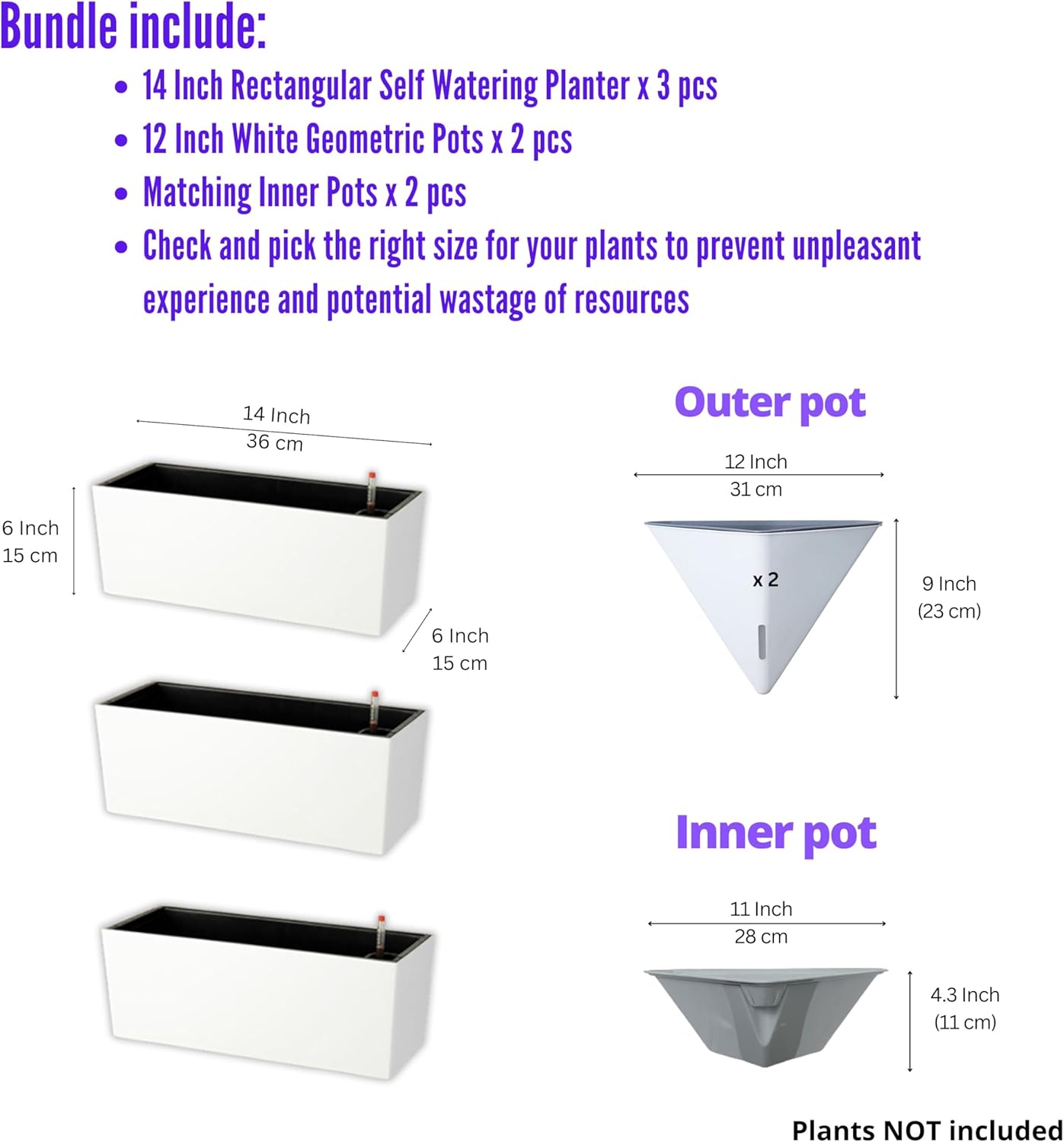 LaLaGreen Bundle- 3 Pack, 14 Inch White Rectangular Planter + 2 Pack, 12 Inch Geometric Wall Pot Large Self Watering Boxes Modern Stylish Hanging Flower Vase Succulent Plant Holder Windowsill Indoor
