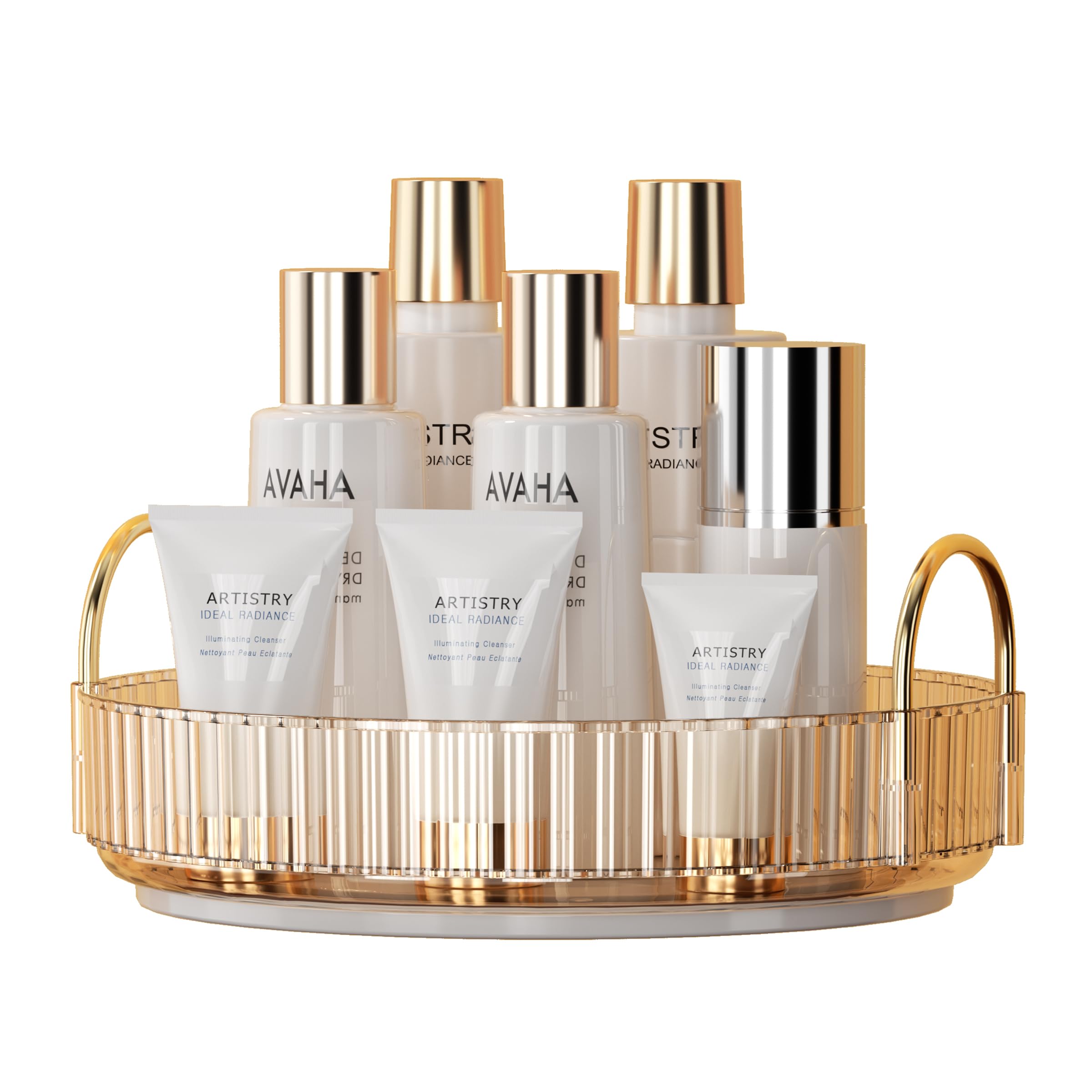 YCIA&DONE 360 Rotating Makeup Organizer and Storage for Vanity Countertop 1 Tier, High Capacity Cosmetic Skincare Perfume Organizer for Dresser Bathroom Fridge Lazy Susan Organizer(Amber Gold)