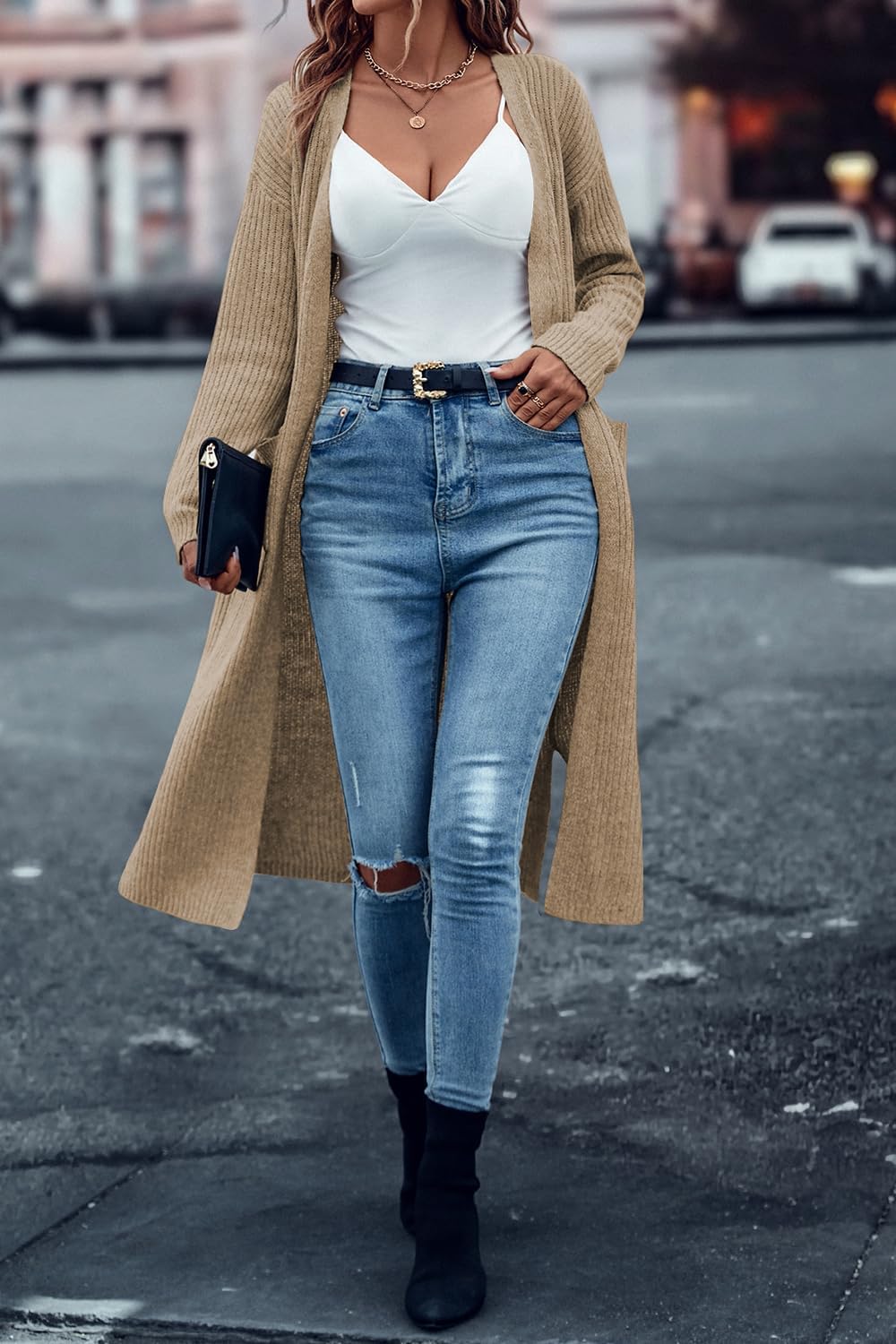 Danedvi Long Cardigan Sweaters for Women Ribbed Knit Open Front Long Sleeve Oversized Fall Casual Coat with Pockets - Image 2