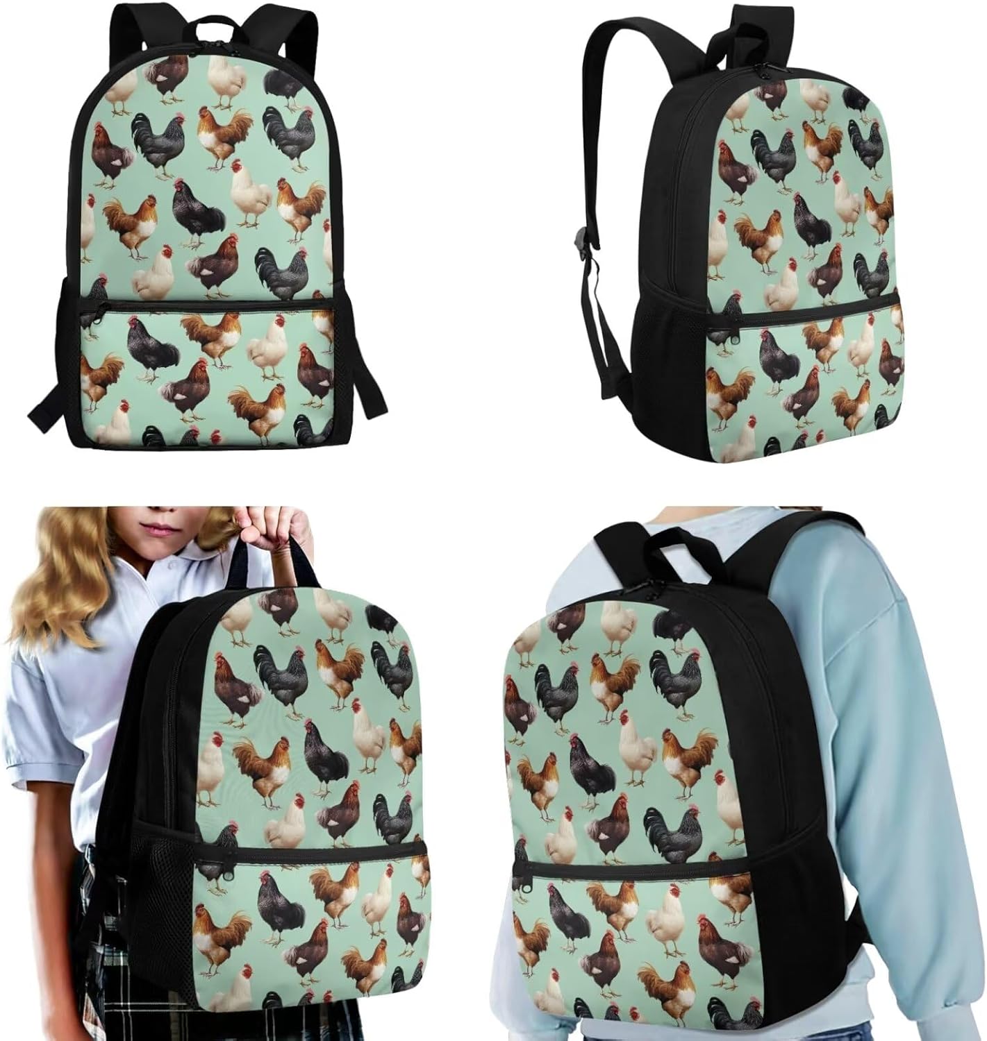 Chicken Girls Backpack with Lunch Box Elementary School Book Bag Cute Kids School Bags for Girls Boys Back to School Bag School Supplies Lightweight Travel Daypack Mochila Para NiñAs