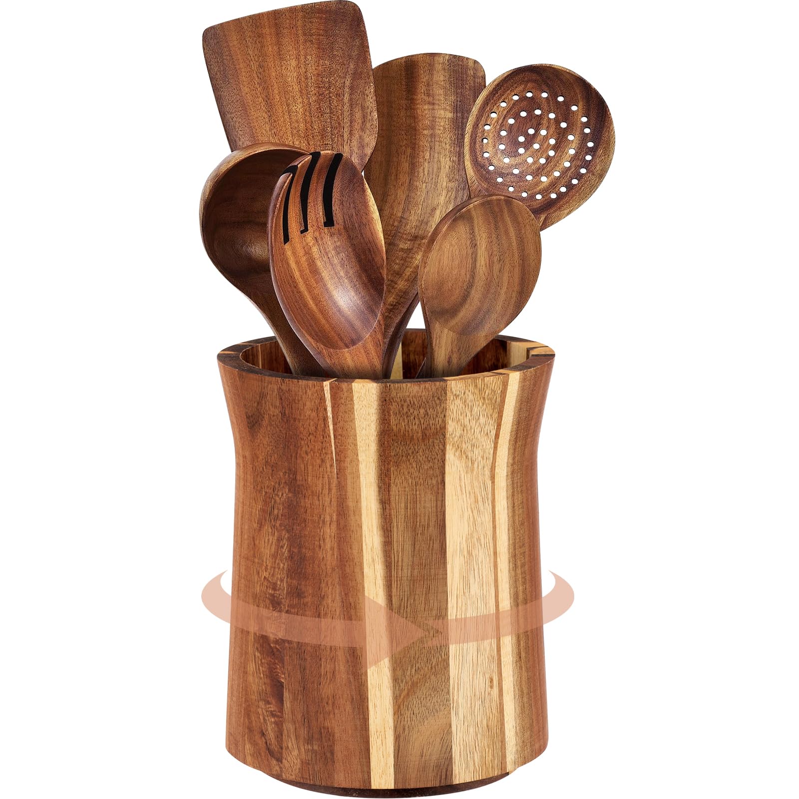 Yuekuntj Large Size Acacia Wood Utensil Holder, Rotating Cooking Utensil Crock, Cutlery Organizer Countertop, 360° Rotating Cutlery Box, Rustic Farmhouse Style Utensils Pot For Spatula Storage(Large Size)