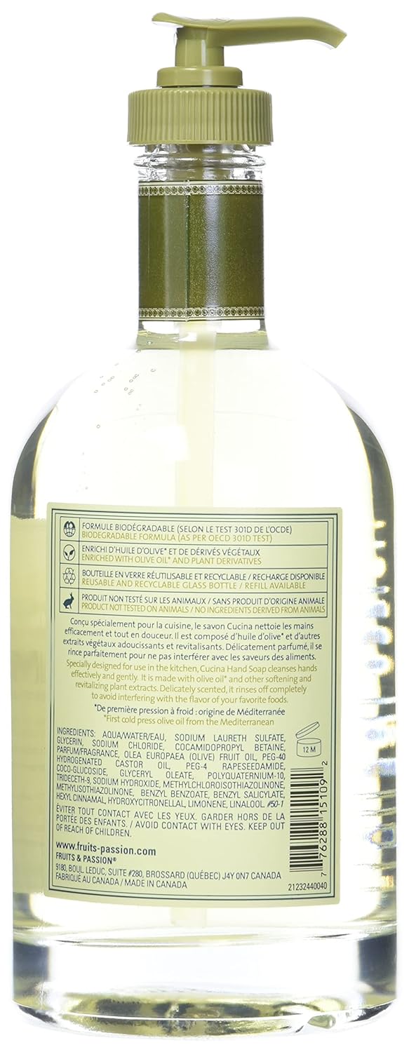 Fruits & Passion [Cucina] Coriander & Olive Oil Hand Soap, (16.9 fl oz) - Luxury Kitchen Liquid Hand Soap, Vegan, Natural Moisturizing Hand Wash in Glass Hand Soap Dispenser : Cucina Soap : Beauty & Personal Care