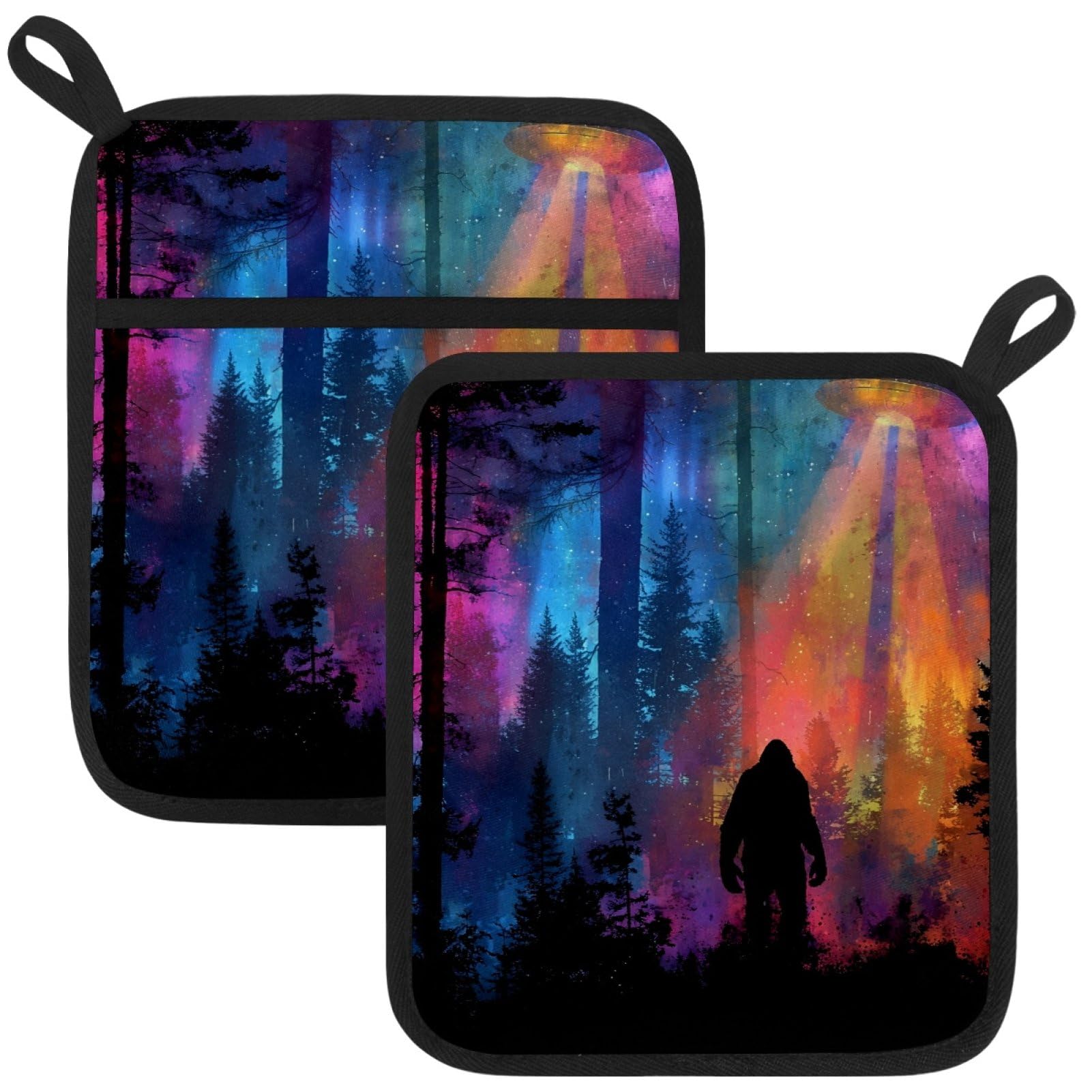 VAPOKF Chimpanzee spaceship Pot Holders with Pocket for Kitchen Heat Resistant Potholders Large Polyester-Cotton Square Oven Mitts Set
