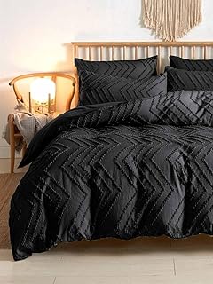 Nanko King Size Comforter Set Black Tufted Jacquard Boho Soft Shabby Chic Reversible Down Alternative Microfiber Bedding - All Season Duvet and 2 Pillowcases Farmhouse Bed Sets Women Men 104x90 3pc