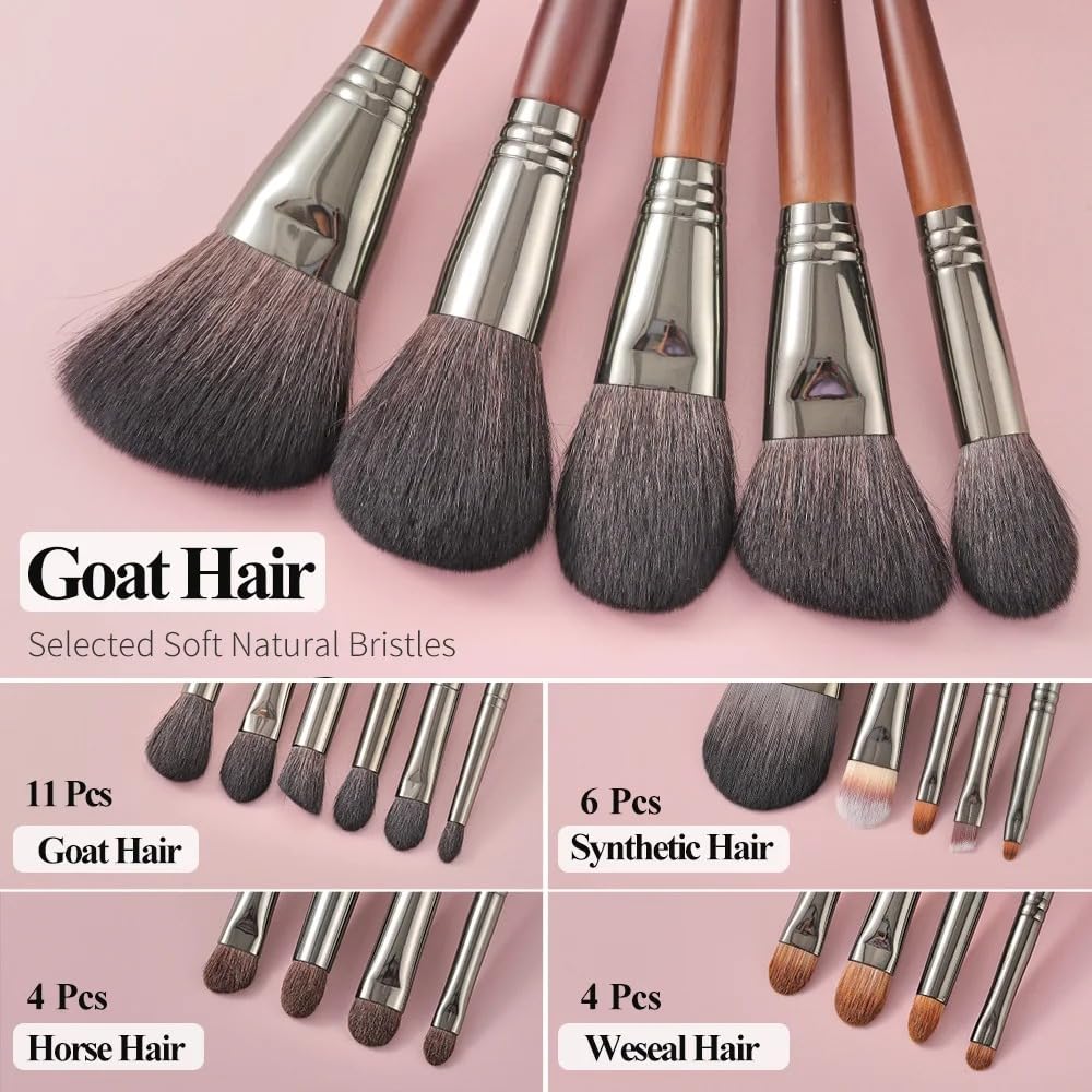Lot de pinceaux de maquillage en poils de chèvre naturels, pour fard à paupières, fond de teint, blush, pour usage professionnel et personnel (XQ1-24N18N31)