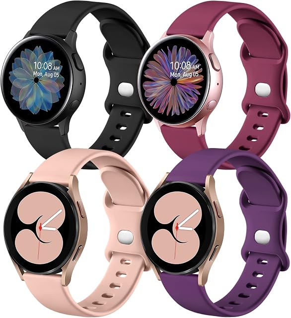 Mastten 4 Pack Straps Compatible With Samsung Galaxy Watch Active 2 Strap/Galaxy Watch 4 40mm 44mm, 20mm Sport Replacement Band for Galaxy Watch 3 41mm / Galaxy Watch 42mm, Small Black/Pink/Red/Plum