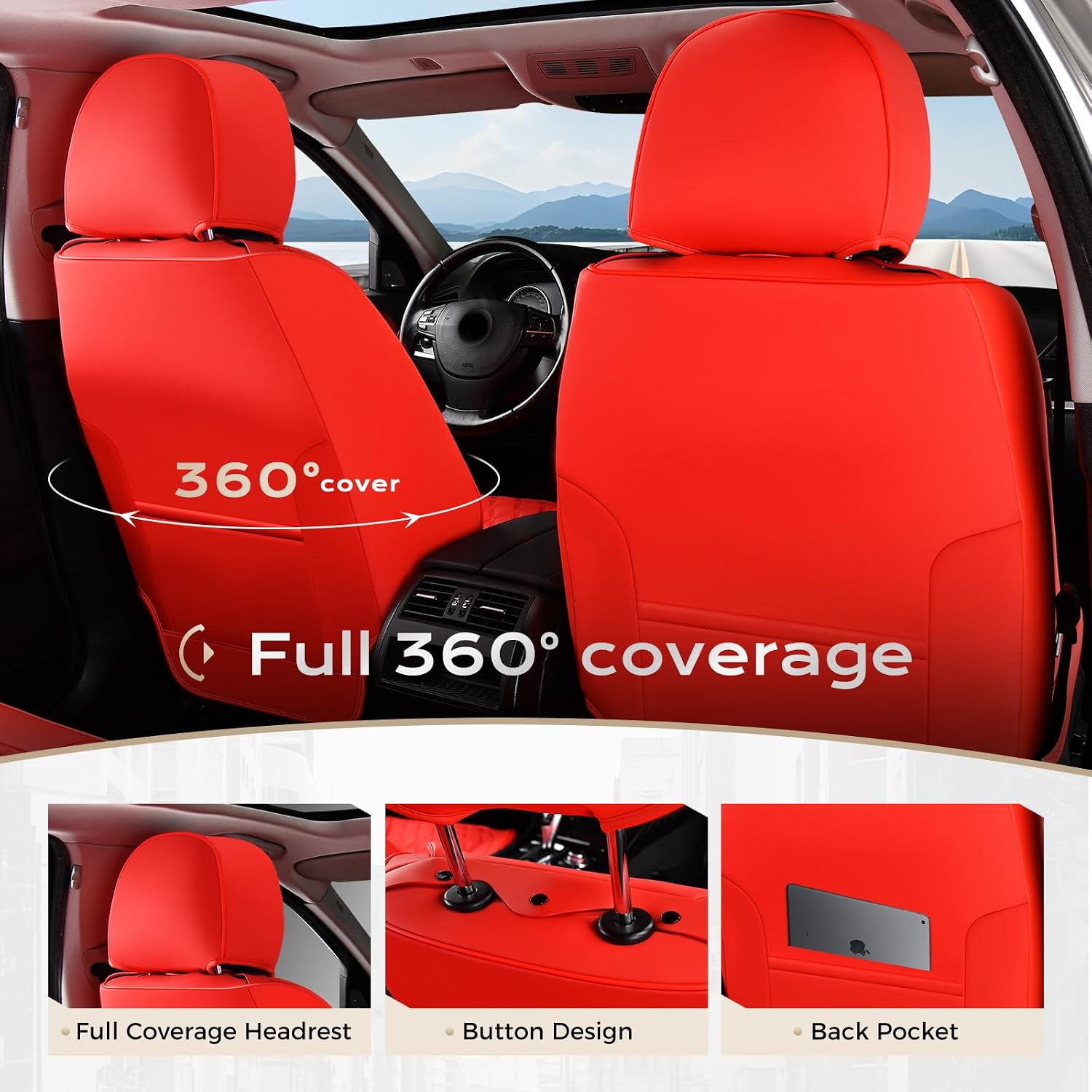 Coverado Front Seat Covers, Waterproof Nappa Leather Stain-Resistant Protectors, Universal Fit for Sedans, SUVs, Trucks, Automotive Car Seat Covers, Waterproof Seat Cushions – Red