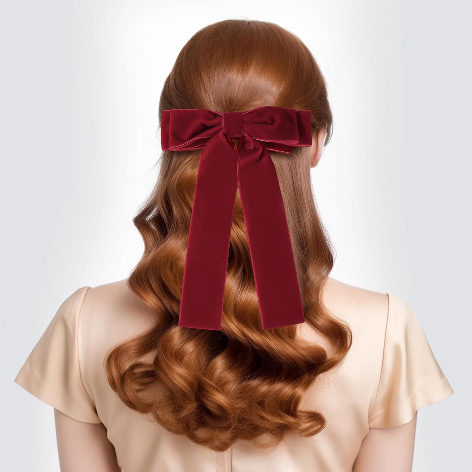 DMQ Velvet Bow Hair Clips - 2Pcs Wine Red Bowknot Barrettes with Long Ribbon, French Satin Silky Hair Bows Xmas Gifts for Women & Girls - Image 4