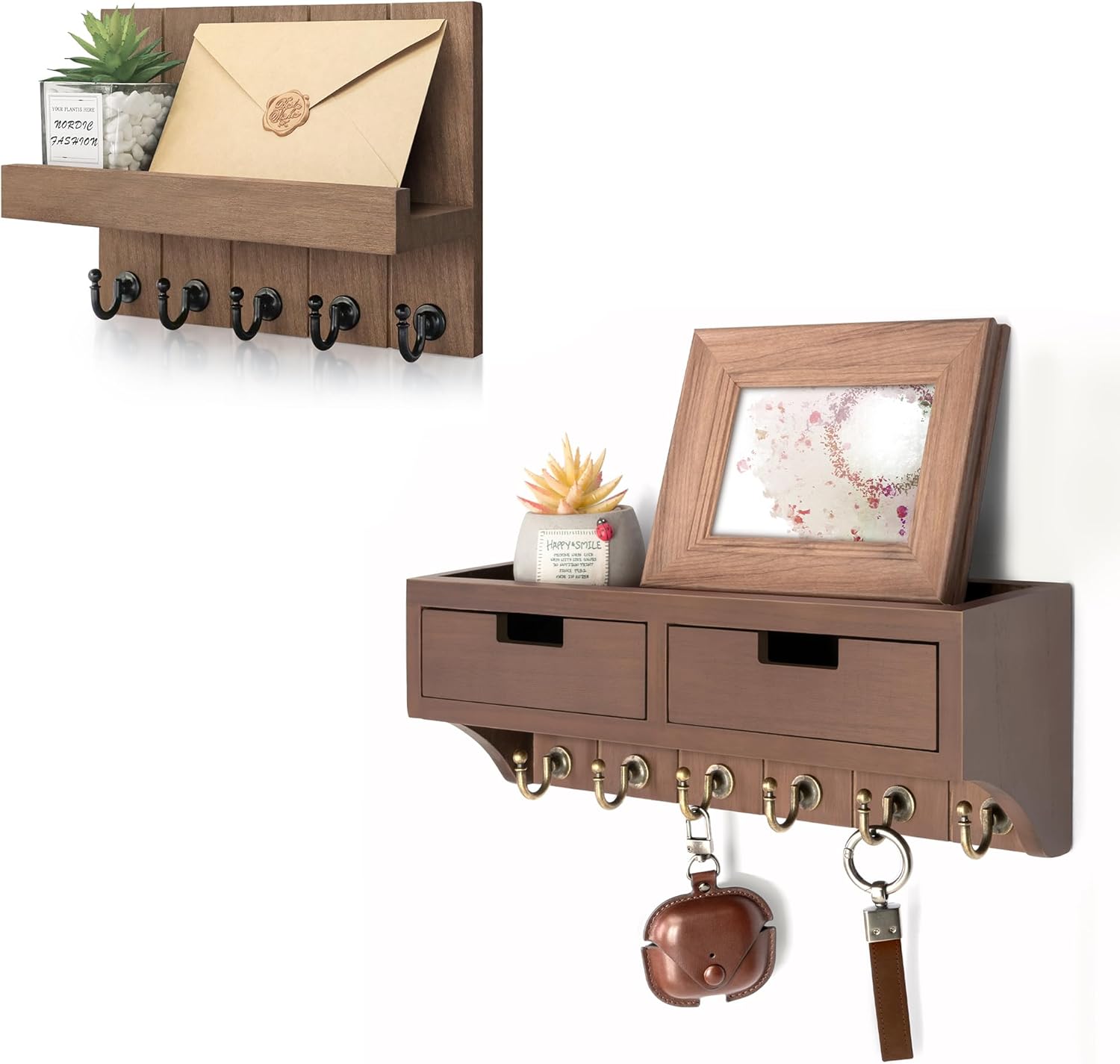 Rebee Vision Farmhouse Key Holder Wall Mount Set - Dual Charm Key and Mail Holder for Wall with 2 Drawer Organizer and Key Hooks - Perfect for Home Decor (Brown)