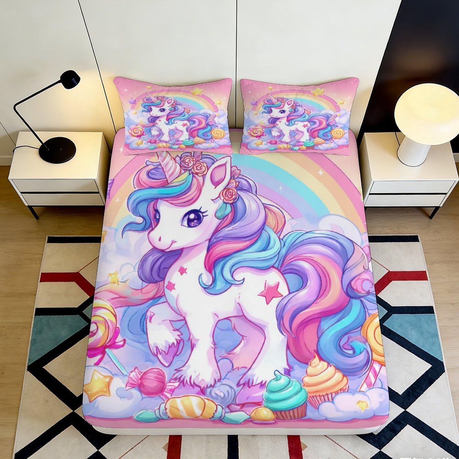3D Printed Pastel Unicorn Fitted Sheet Microfiber Rainbow Sweets Mattress Cover Anti-Slip Machine Washable for Bedroom Decor 180x200x25cm