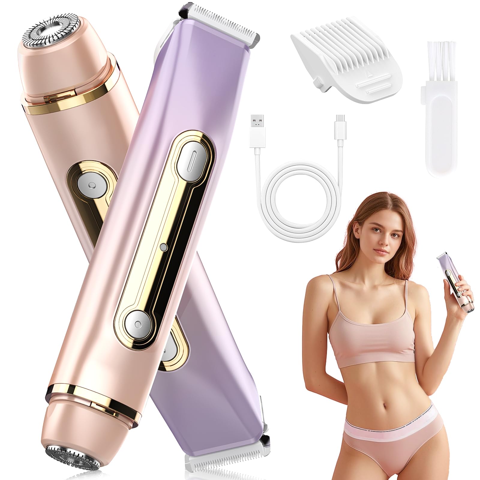 HUIJUTCHEN Bikini Trimmer for Women - 2 in 1 Dual Head Bikini Shaver, Painless Electric Razors for Silk Skin, Ceramic Blade, Waterproof Wet & Dry Use