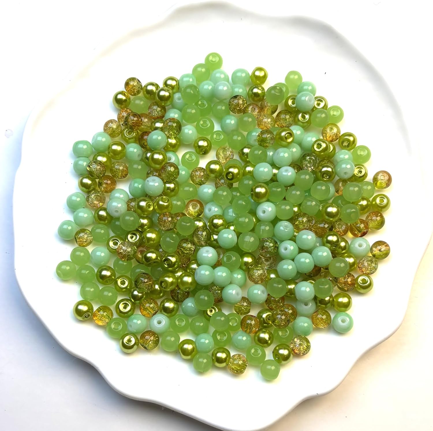 300pcs Green Glass Crystal Beads for Jewelry Making - 6mm Round Crckle Glass Beads for Plant DIY Bracelet Necklace Earring Craft St. Patrick's Day