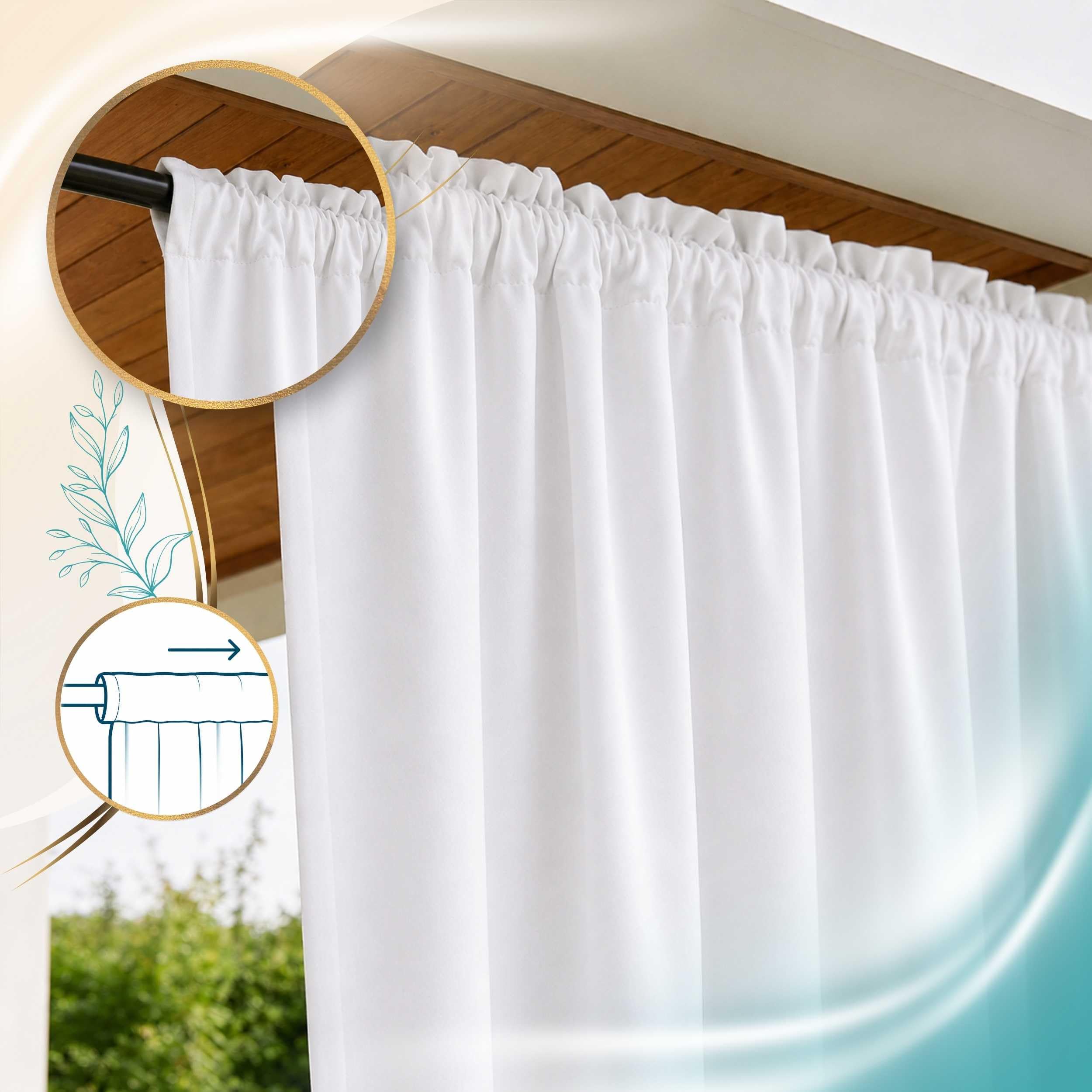 Outdoor Vorhang Weiß 155x180 cm wasserdicht Kräuselband | Polyester Oxford 500D wasserdicht · kompakte Höhe für Geländer & Balkon · Pergola, Pavillon, Carport · 14 Farben