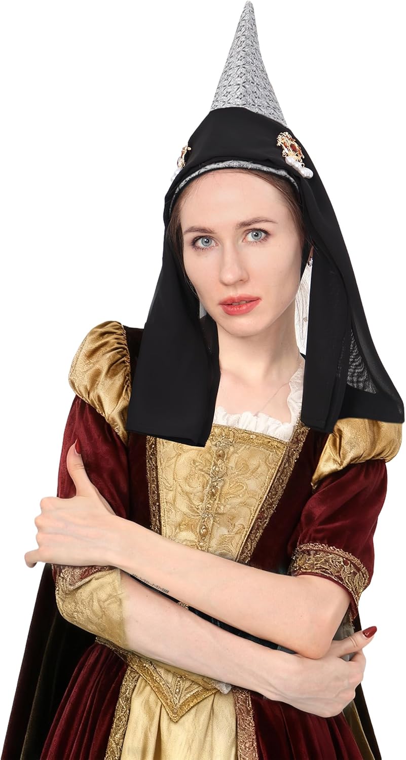 FURPHI Medieval Hennin Hat with Veil Late Middle Ages Headwear Halloween LARP Costume Accessories for Women - Image 4