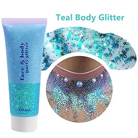 Go Ho Teal Body Glitter Gel,Mermaid Teal Face Glitter Makeup,Holographic Long Lasting Chunky Sequins Glitters for Lip Hair Nails,Festival Accessories,52g