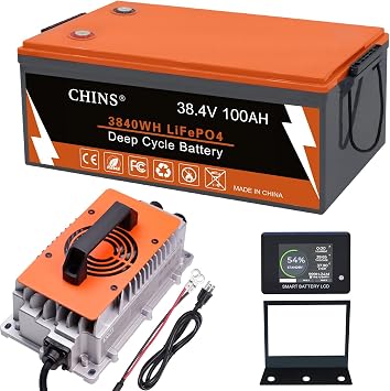 CHINS 36V Golf Cart Bluetooth LiFePO4 Battery, with 200A BMS, includes 36V 25A Lithium Charger and Monitor, 1000A Peak Current Perfect for Golf Cart, Trolling Motor etc