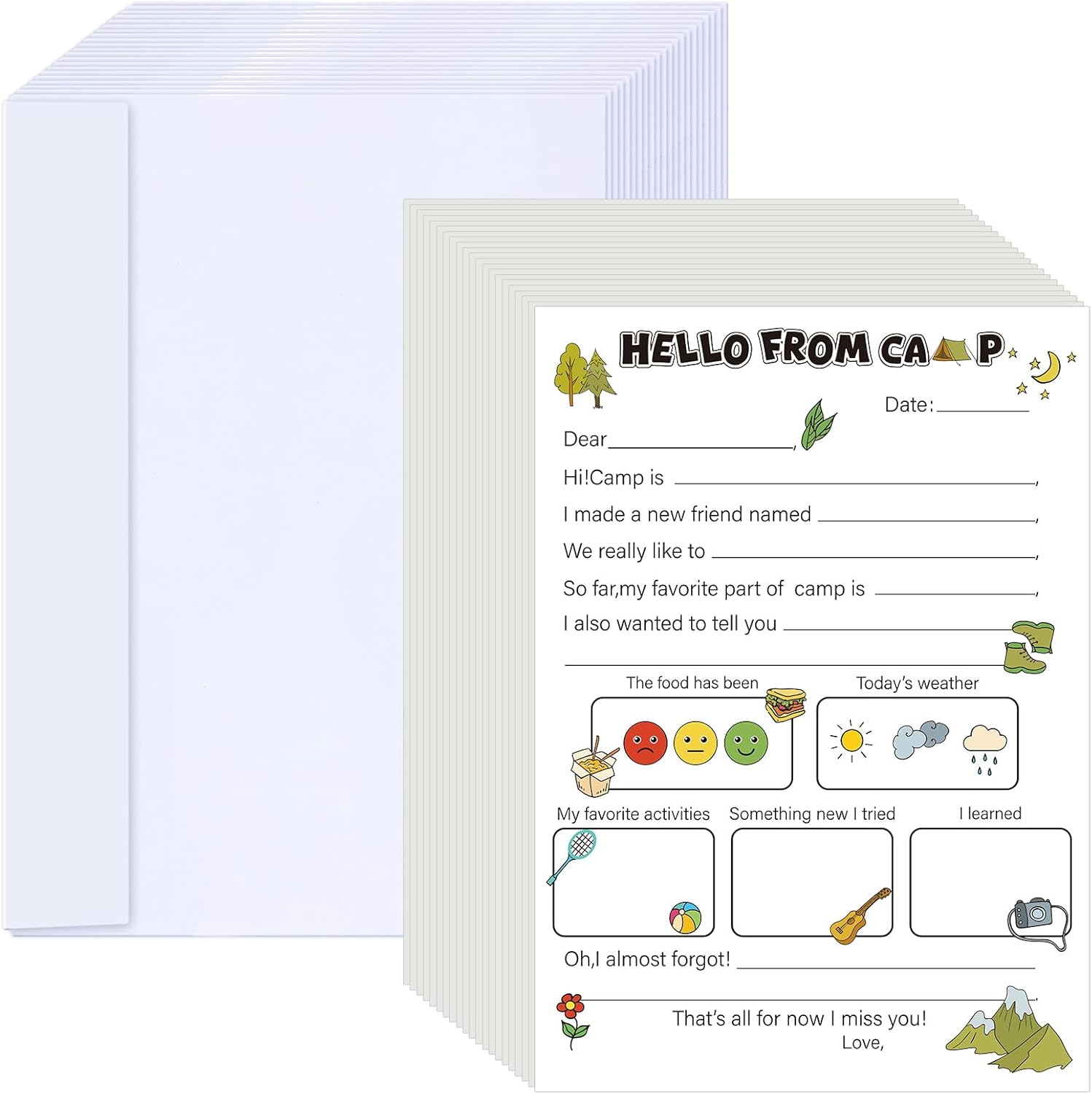 12 Set Camp Stationary Fill in The Blank Postcards 11.6'' x 8.6 '' Summer Sleepaway Camp Fillable Letters with White Envelopes Camping Fun Activities for Teenagers Adults