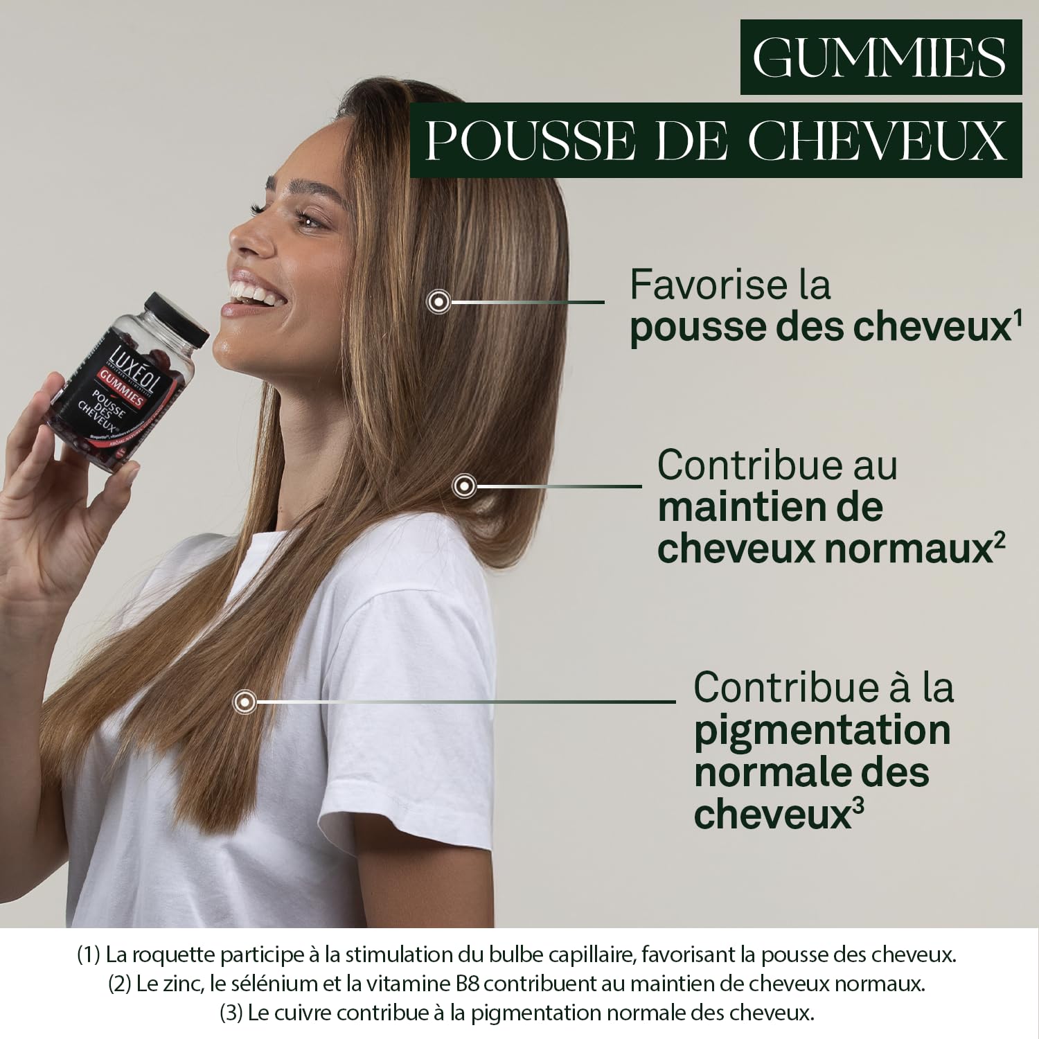 Luxéol - Gummies Pousse Cheveux - Complément Alimentaire - Stimule Le Bulbe Capillaire - Plante, Minéraux, Vitamines - Arôme Fraise, Sans Sucres - Fabriqué En France - Programme 1 mois - 60 Gummies