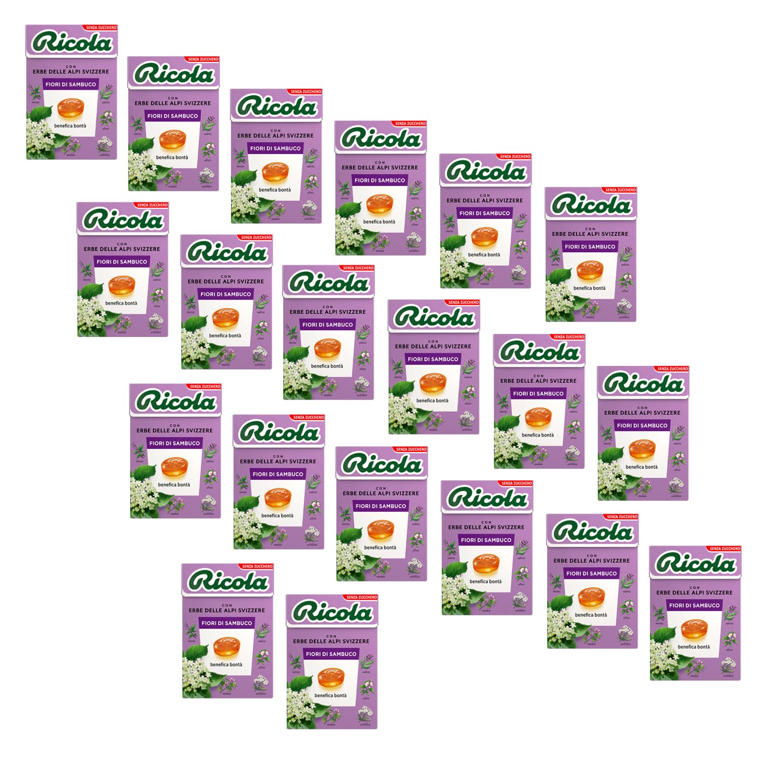 Ricola® | Holunderblüten-Bonbons | Swiss Herbs Bonbons ohne Zucker – 20 Boxen (1000 Gr)