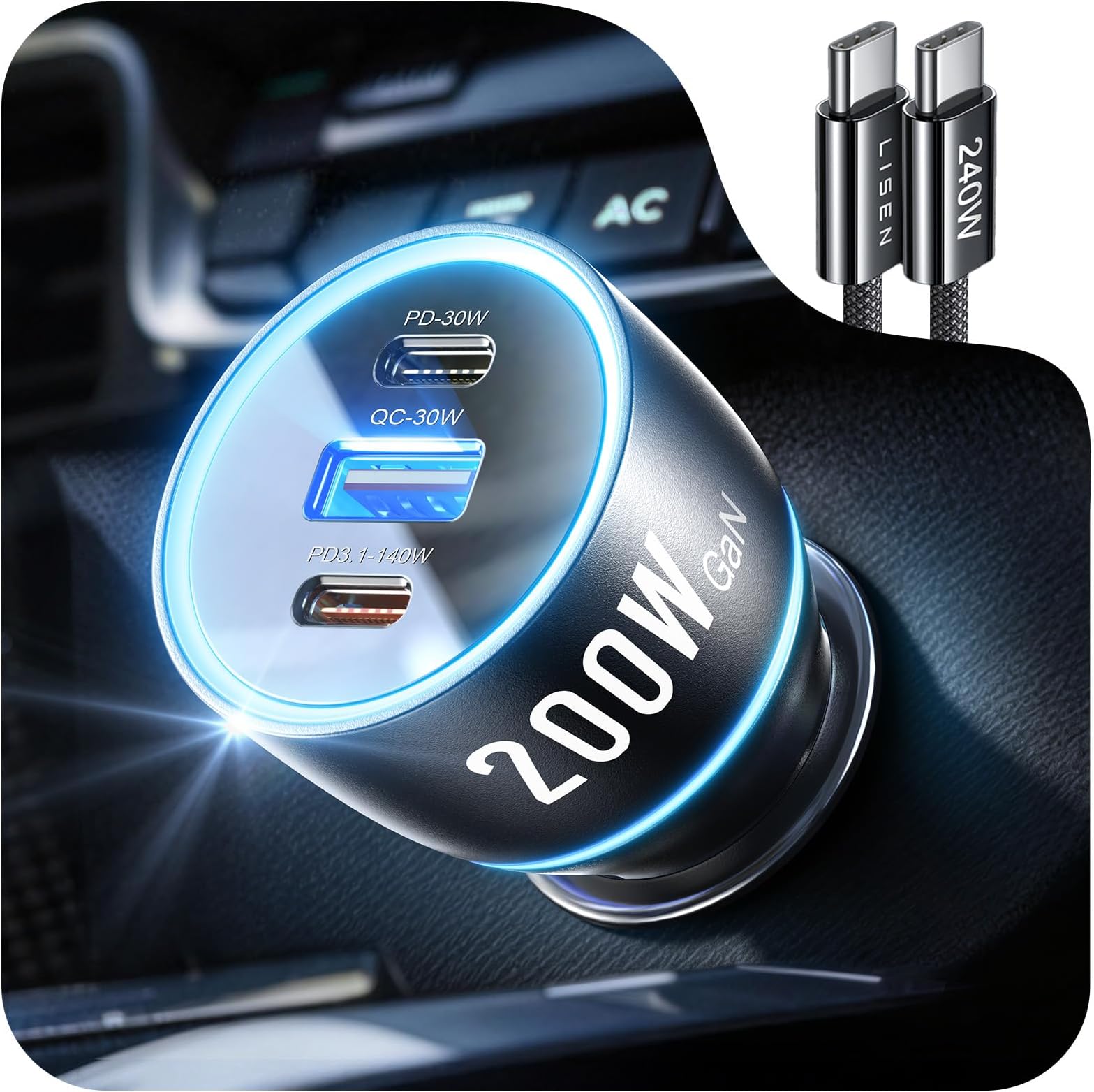 LISEN 200W Car Charger USB C Fast Charge [Gan] PD 140W Fast Car Charger USB C, 3 Port Type C Fast Charging for Multi Device, for iPhone 17 16 15 14 13 12, MacBook Neo, Laptop, iPad, Samsung S26 S25