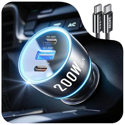 LISEN 170W Car Charger USB C Fast Charge Fast Car Charger, GaN Chip PD3.1 140W+PD30W/QC30W Cigarette Lighter USB Charger Adapter for iPhone17/16, MacBook Pro/Air, Laptop, Samsung S25/S24