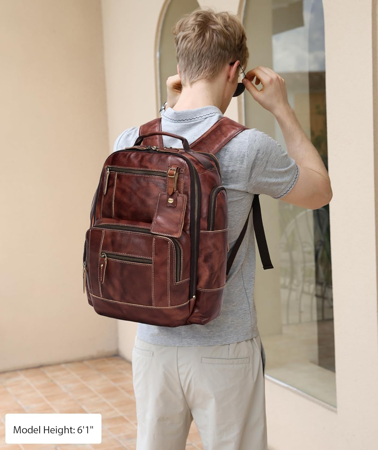 LANNSYNE Full Grain Leather Backpack For Men, Fits 16" Laptop, Coffee - Image 7