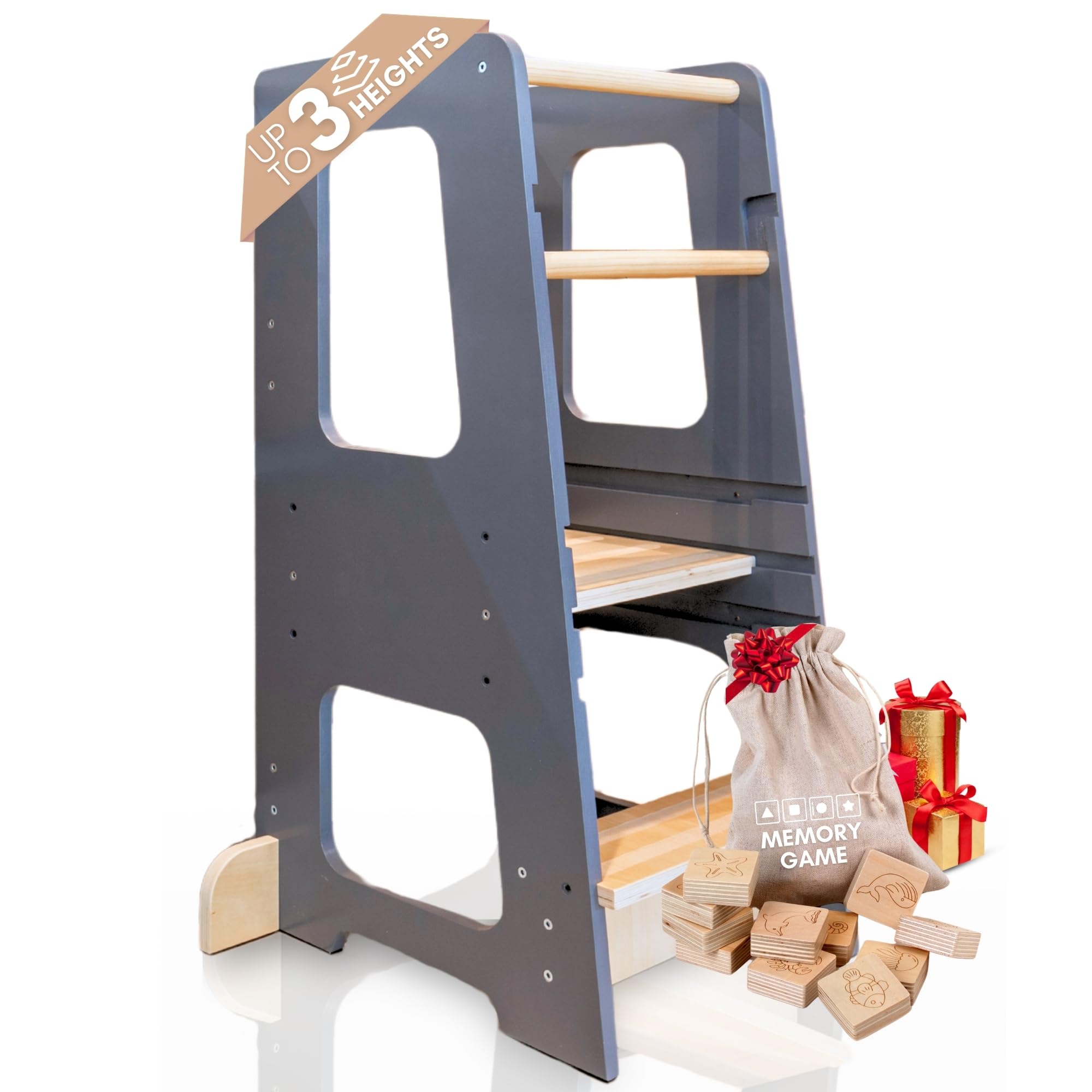 KYWAI Toddler Kitchen Stool Helper – Adjustable Standing Tower with Safety Rails, Anti-Tip Design & Non-Slip Stickers – Patented Design, Double Safety Barrier & CPC Certified (Grey Blue)